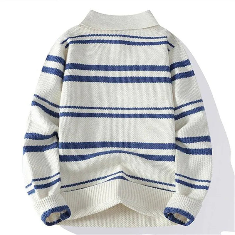 White blue striped knit polo sweater back view