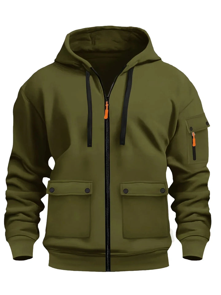 Olive green zip-up cargo hoodie with chest pockets