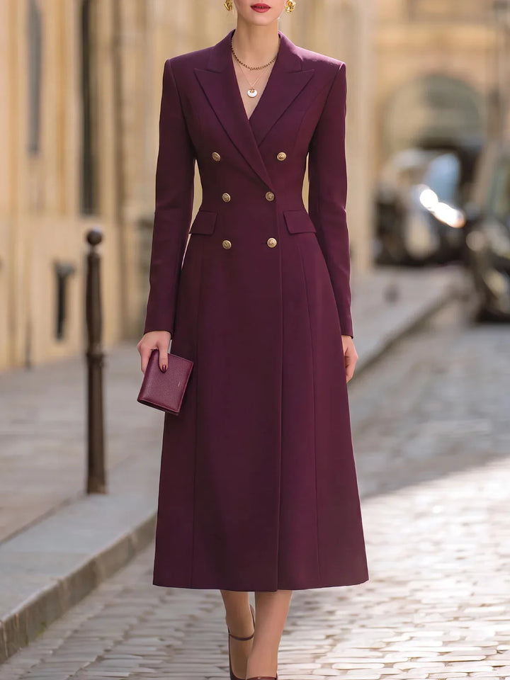 Close view of wine red double breasted blazer midi dress with gold buttons