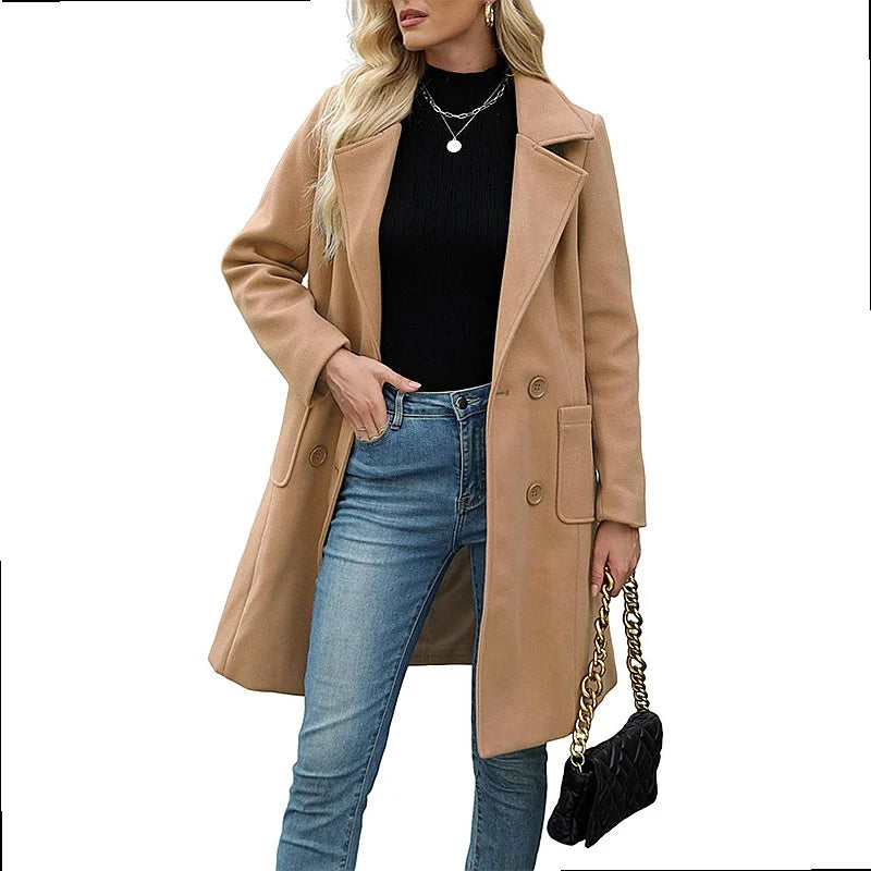 Woman wearing camel double breasted wool coat