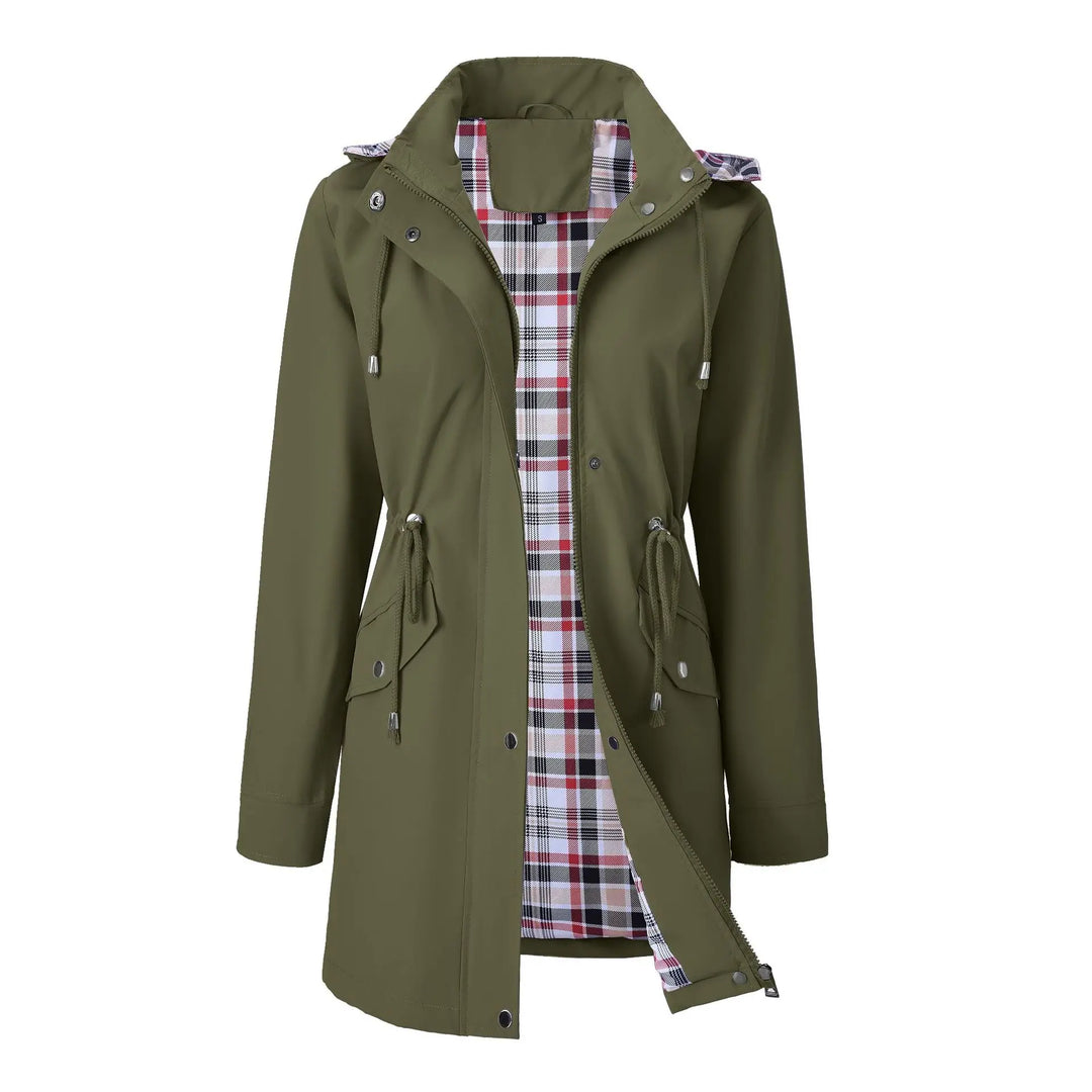 Army green hooded rain jacket with plaid lining, front view