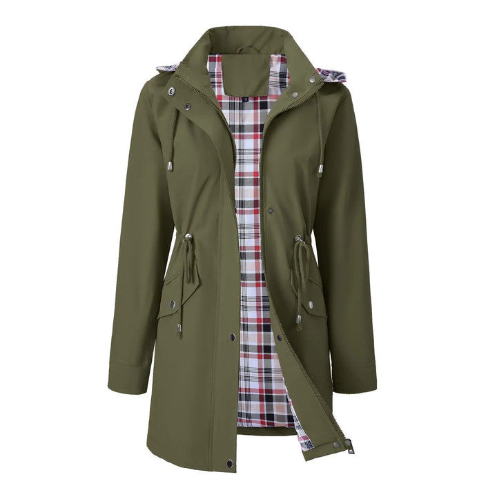 Army green hooded rain jacket with plaid lining, front view