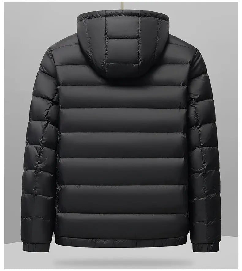 Black hooded puffer jacket, back view