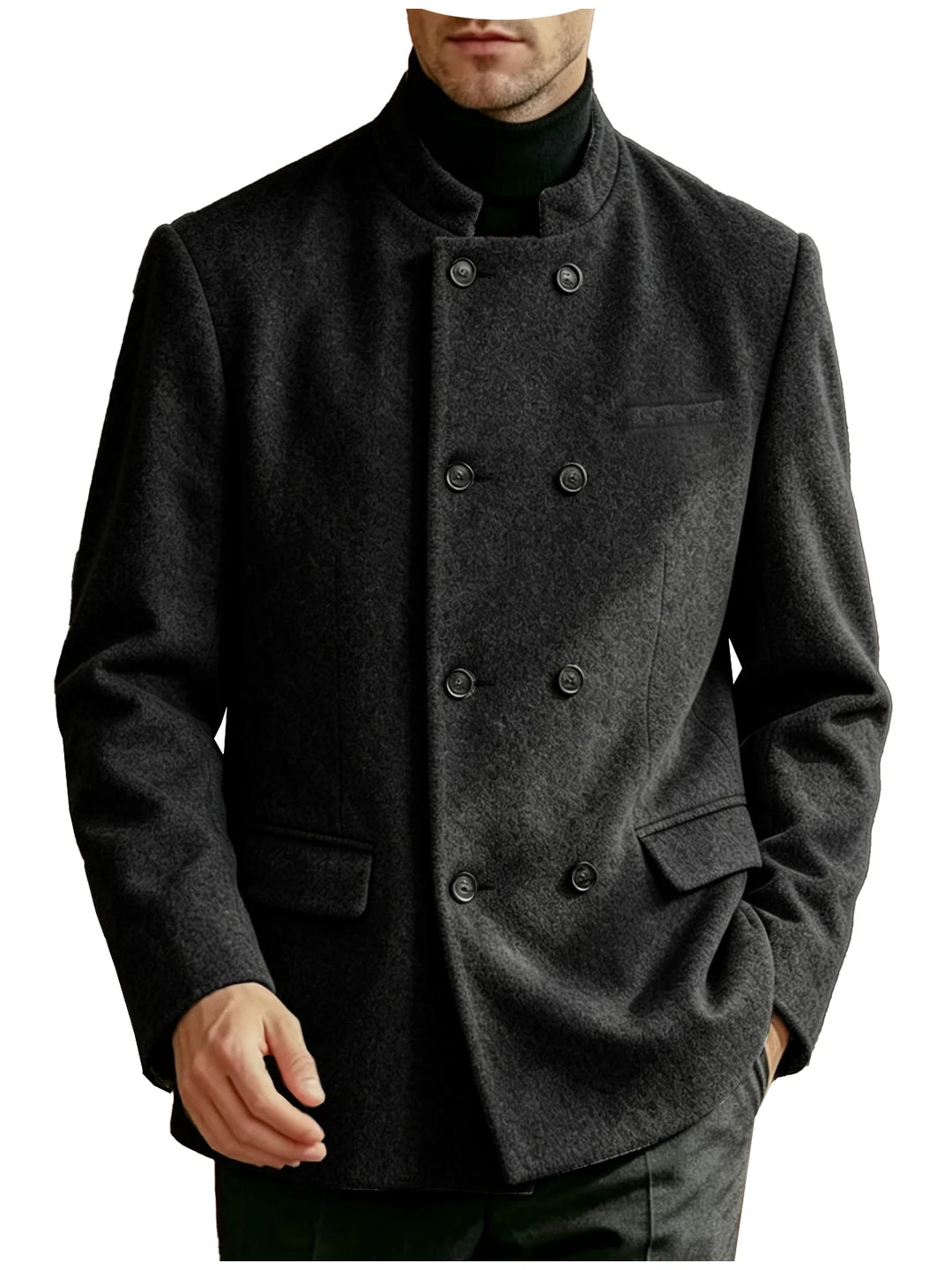 Man wearing dark grey mandarin collar double-breasted coat