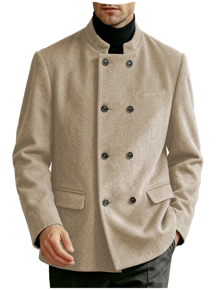 Man wearing oat mandarin collar double-breasted coat