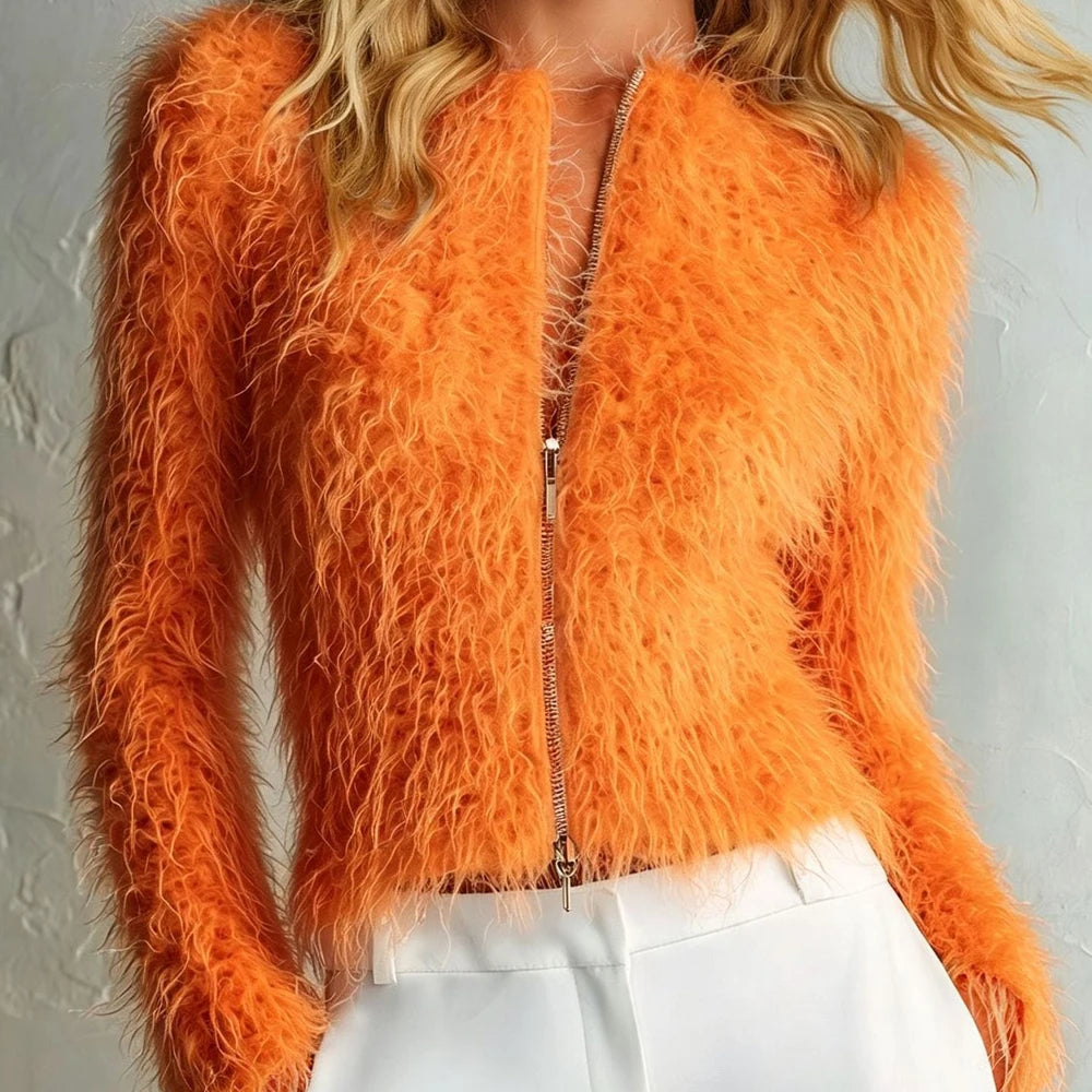 Cropped fur-effect knit cardigan in orange with zip front