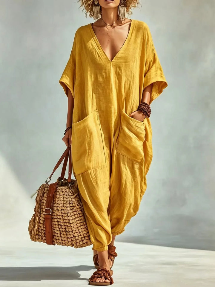 Harper V Neck Linen Blend Pocket Romper