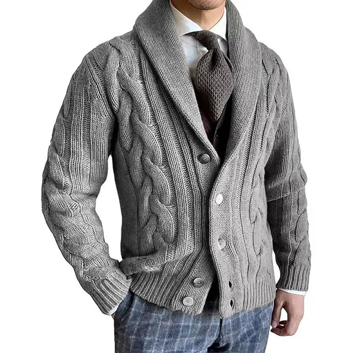 Dark gray cable knit shawl collar cardigan on model