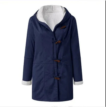 Navy duffle coat with toggle closures front view