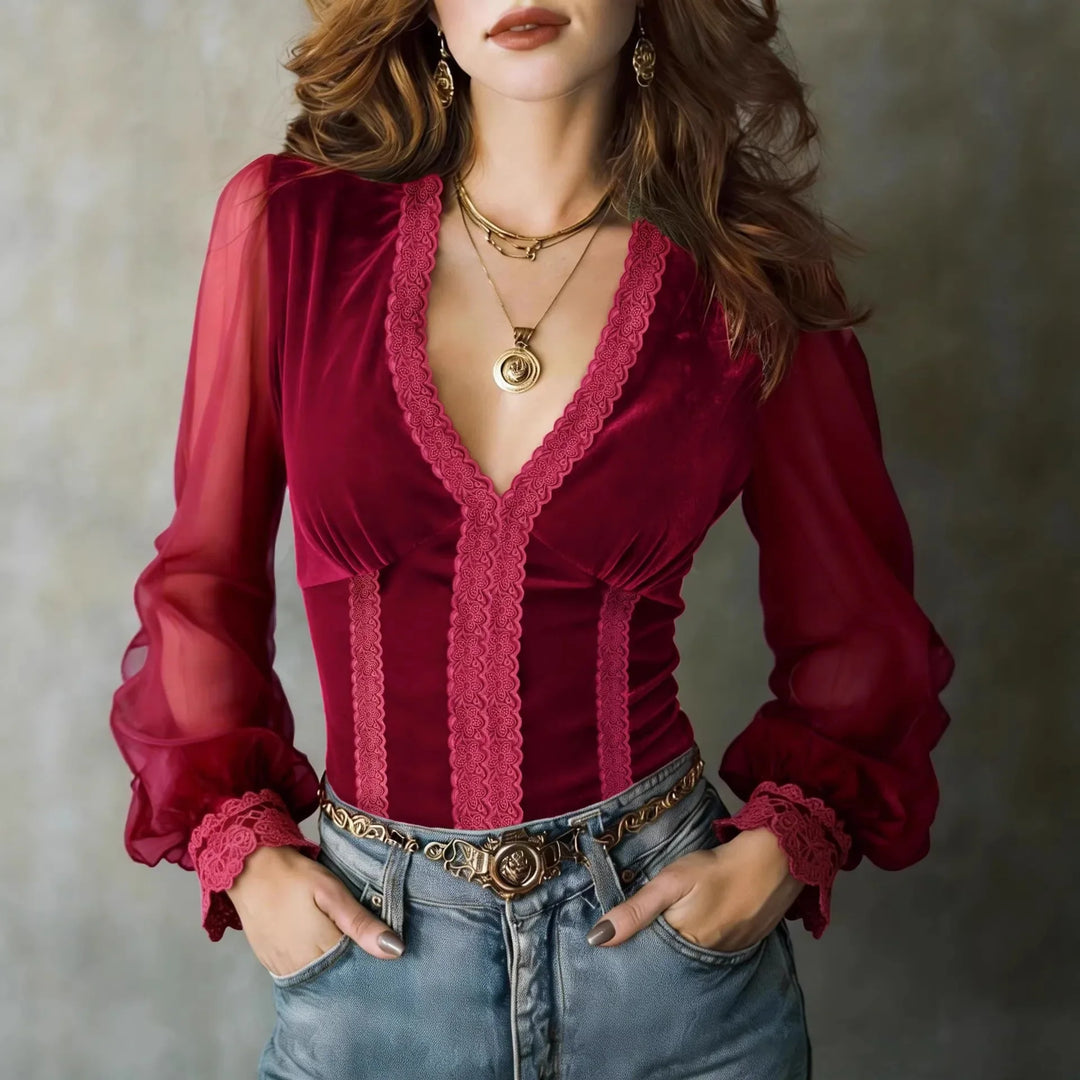 Miravel Deep V Velvet Blouse