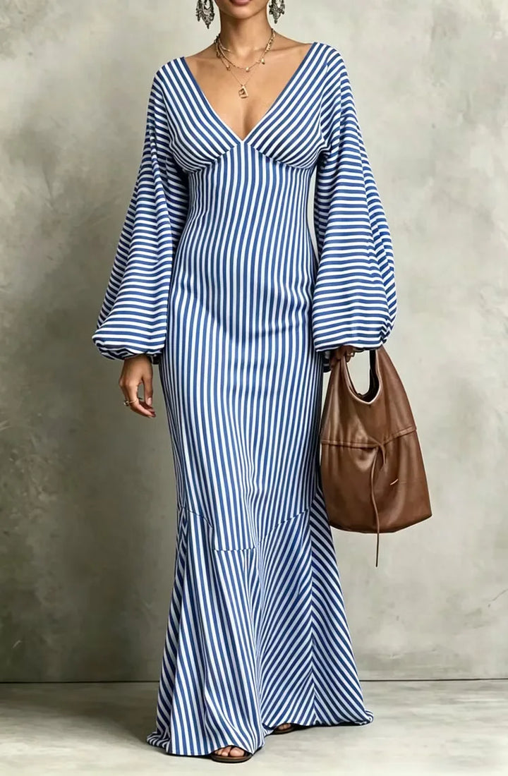 Sky blue striped maxi dress close front view with mermaid hem