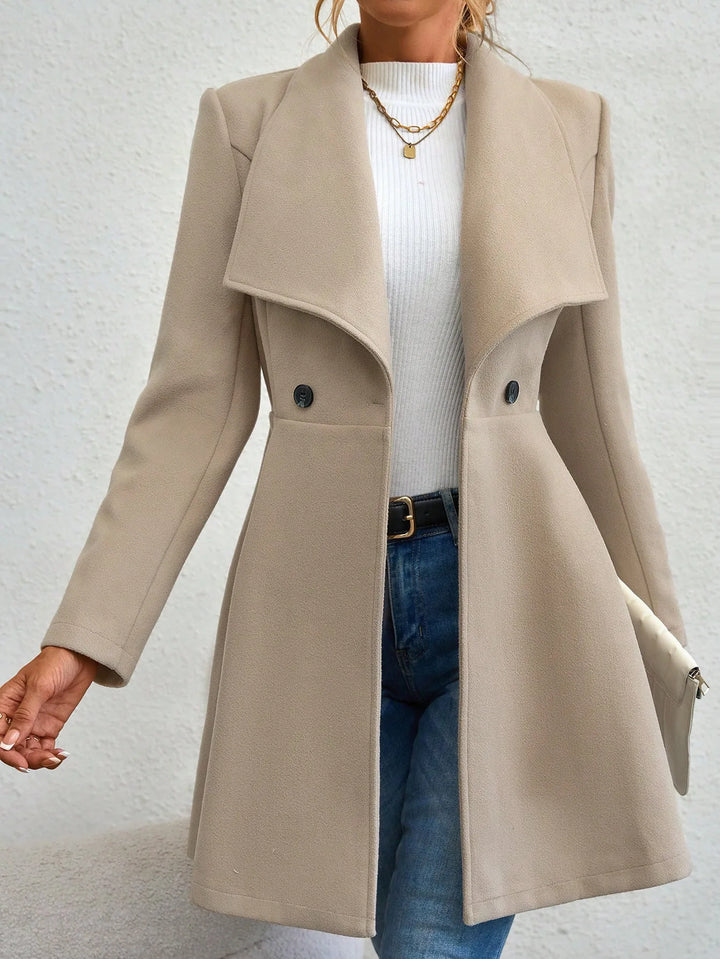 Beige waterfall collar swing coat, close front view