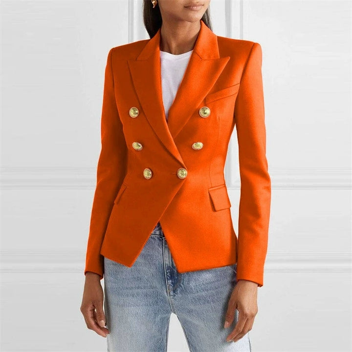 Orange double-breasted blazer with gold buttons