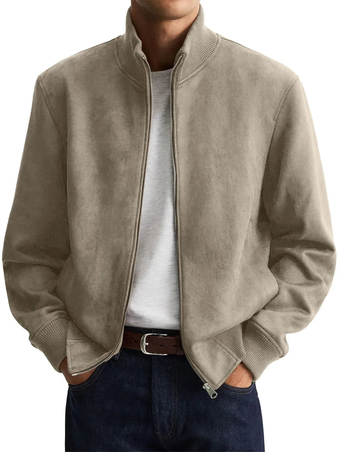 Man wearing khaki suede-look bomber jacket with zip front