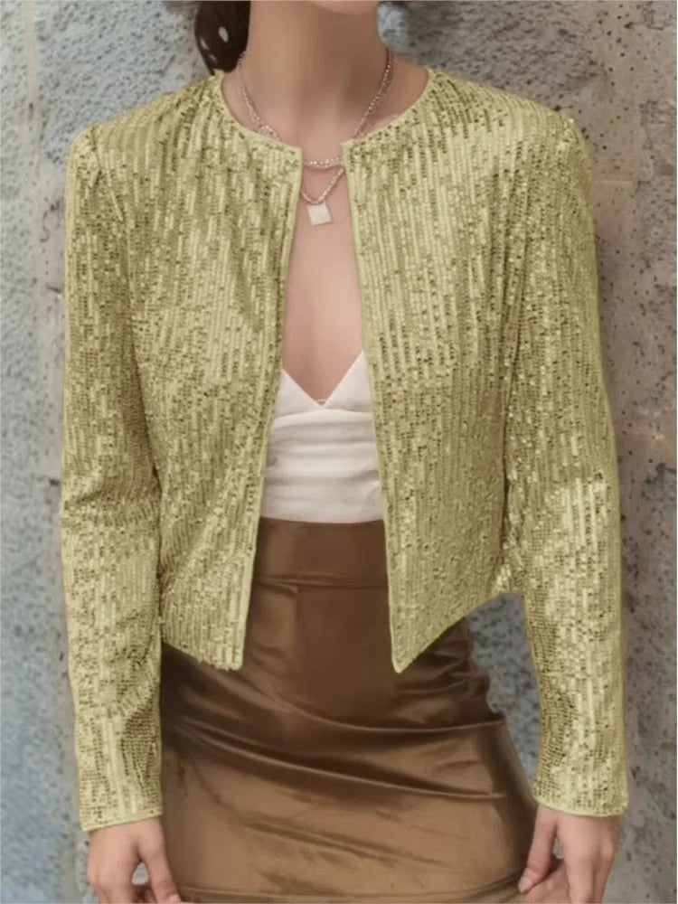 Gold sequin cropped jacket, front view