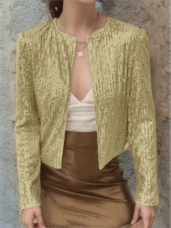 Gold sequin cropped jacket, front view