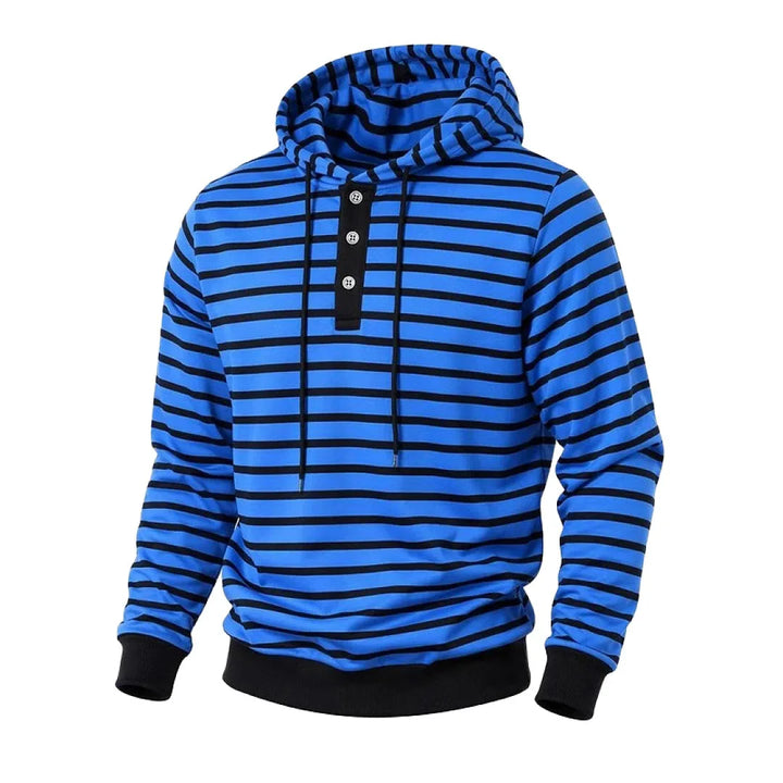 Men's sapphire blue striped pullover hoodie, angled view