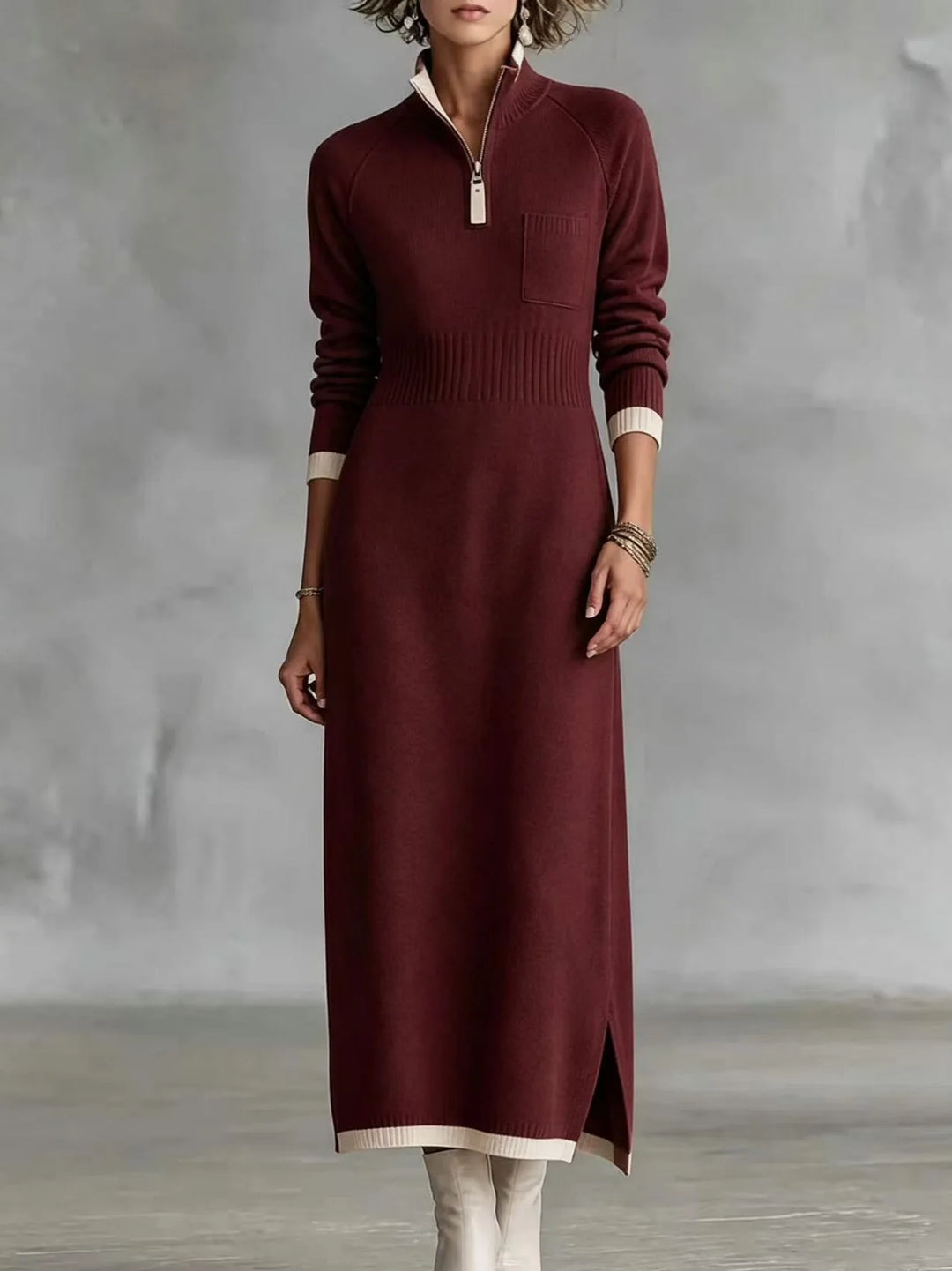 Burgundy quarter-zip sweater dress, front view