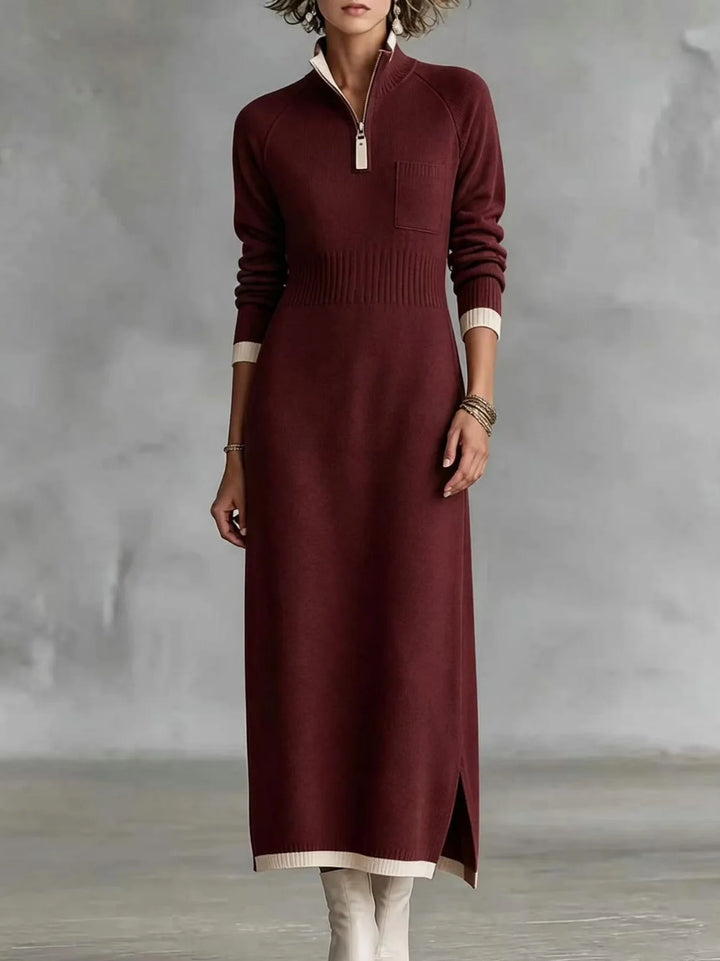 Burgundy quarter-zip sweater dress, front view