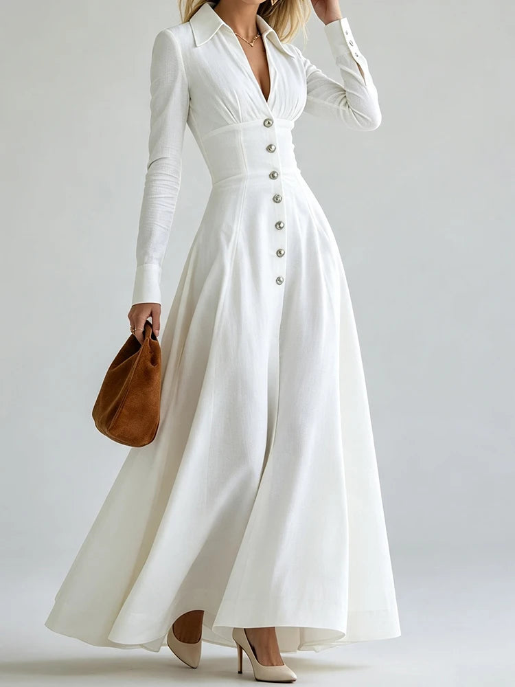 White button front maxi dress with turn-down collar and side slit