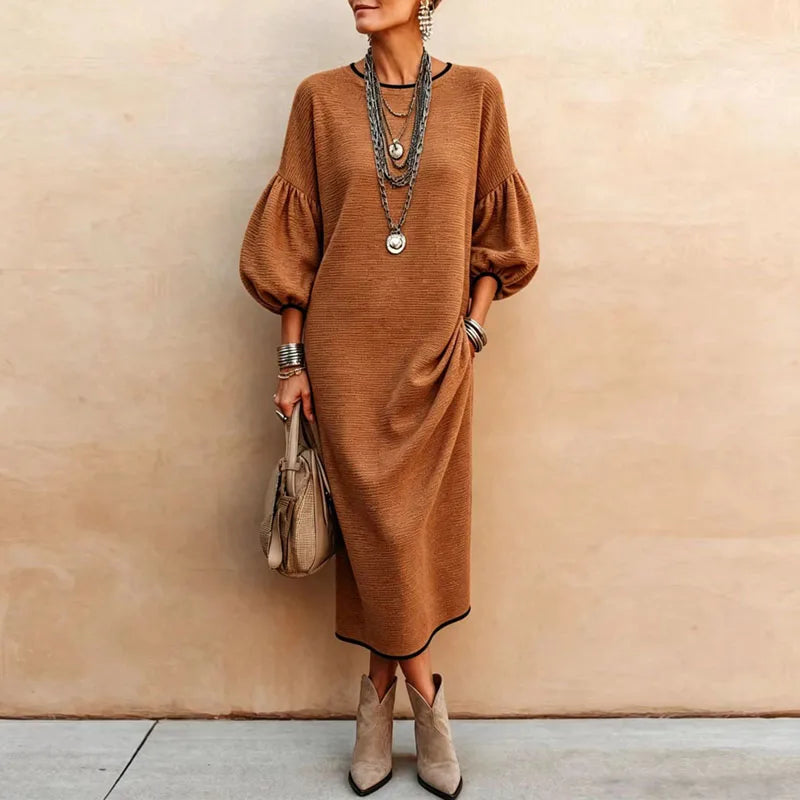Brown knit maxi dress with lantern sleeves and round neckline