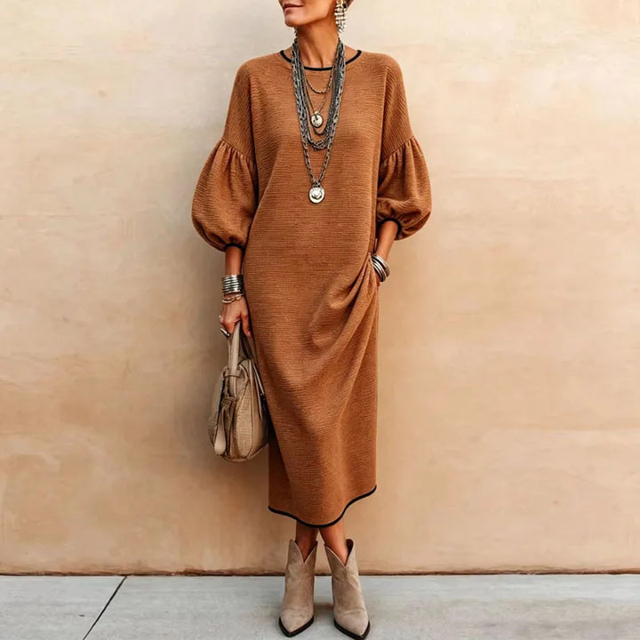Brown knit maxi dress with lantern sleeves and round neckline