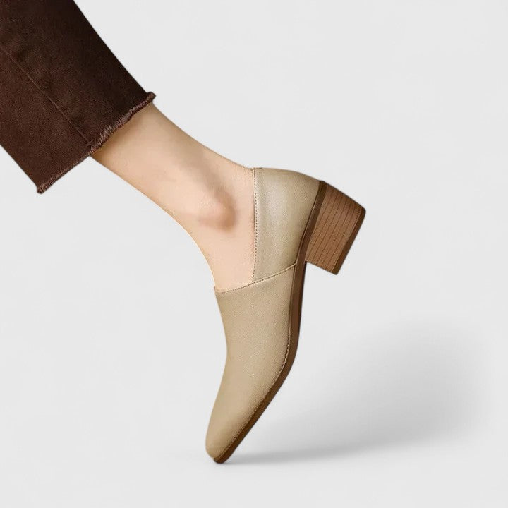 Apricot loafer side profile with stacked block heel