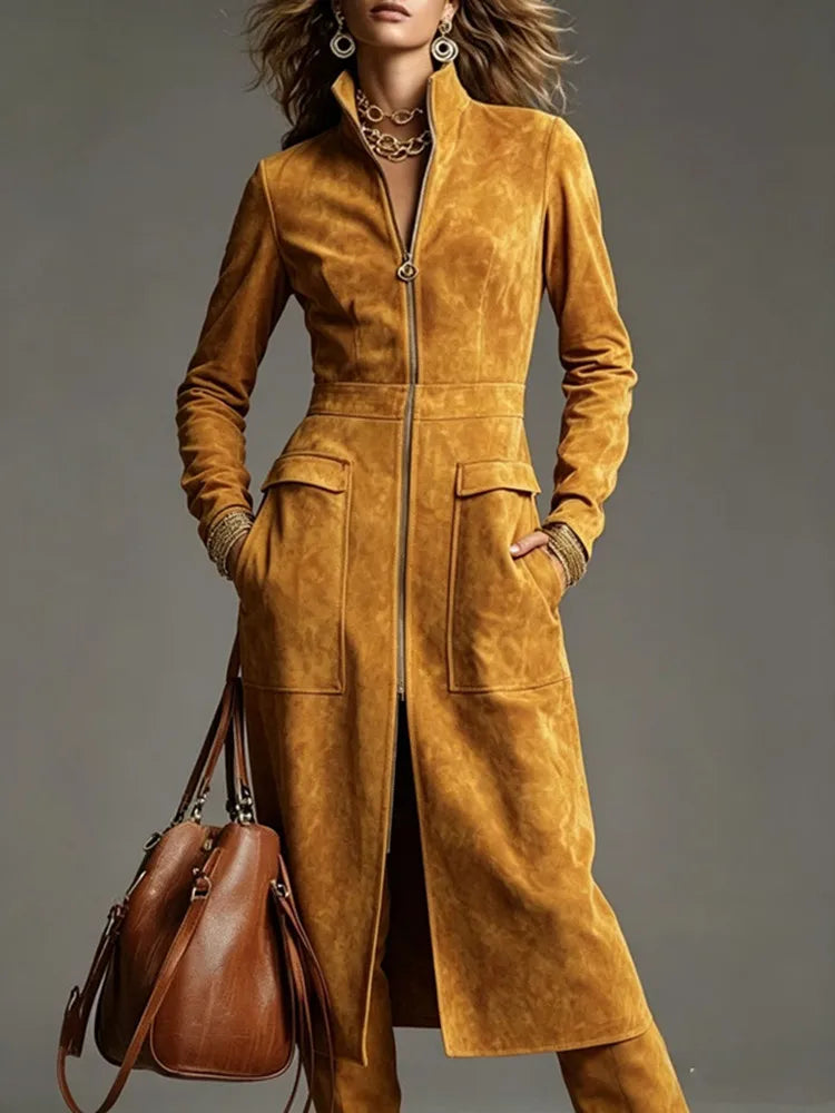 Woman wearing yellow suede-look stand collar zip dress with patch pockets
