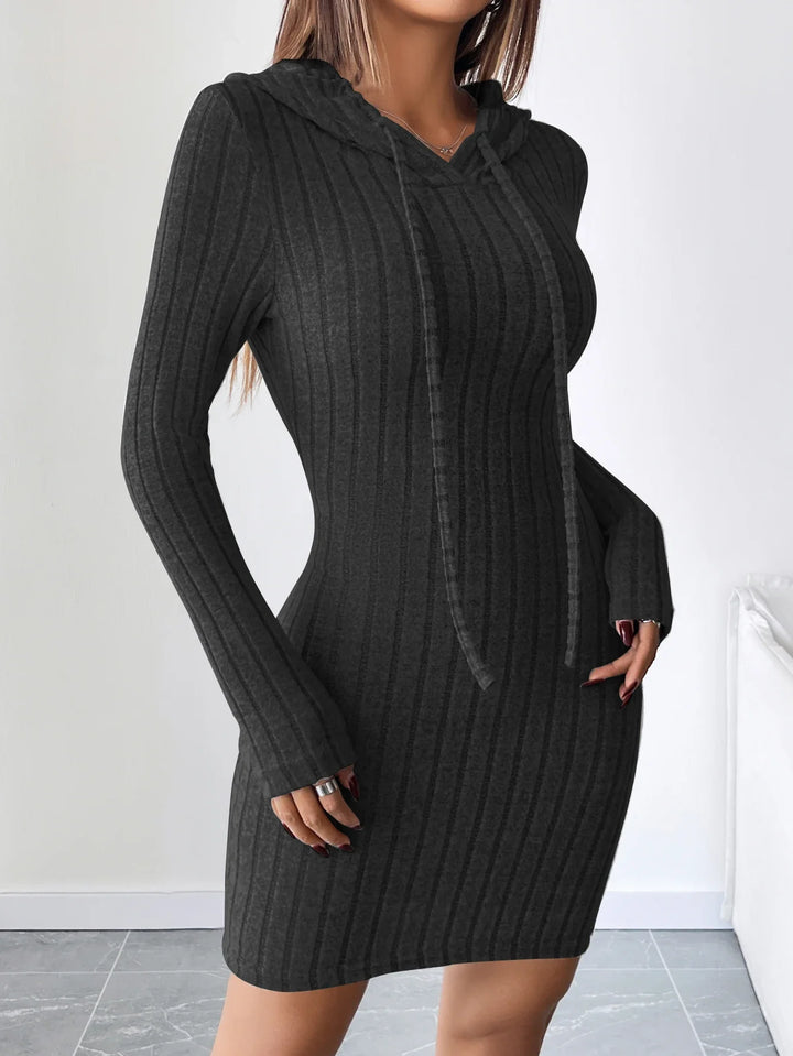 Black ribbed knit hooded sweater dress with drawstring detail