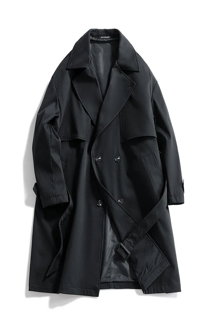 Black double breasted trench coat laid flat open front