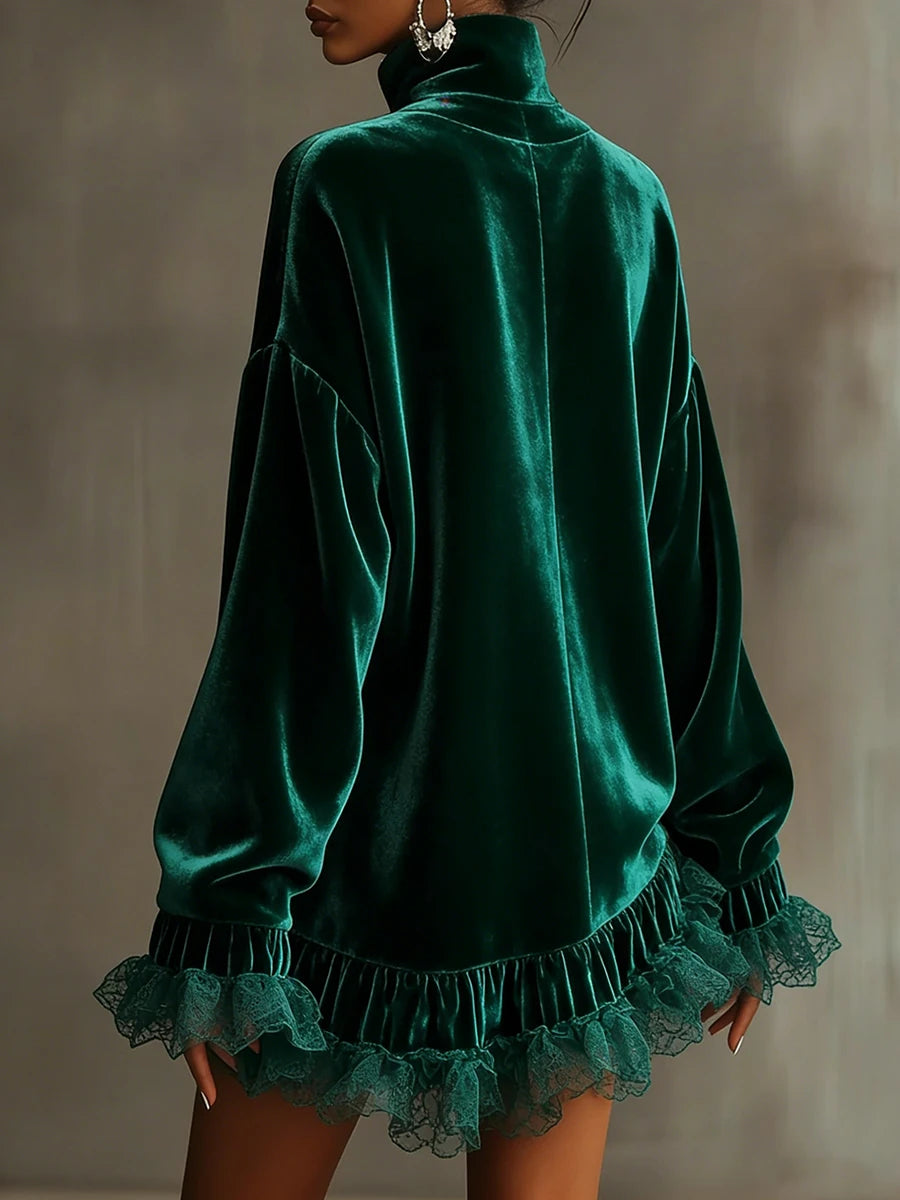 Back view of green velvet mini dress with lace ruffle hem