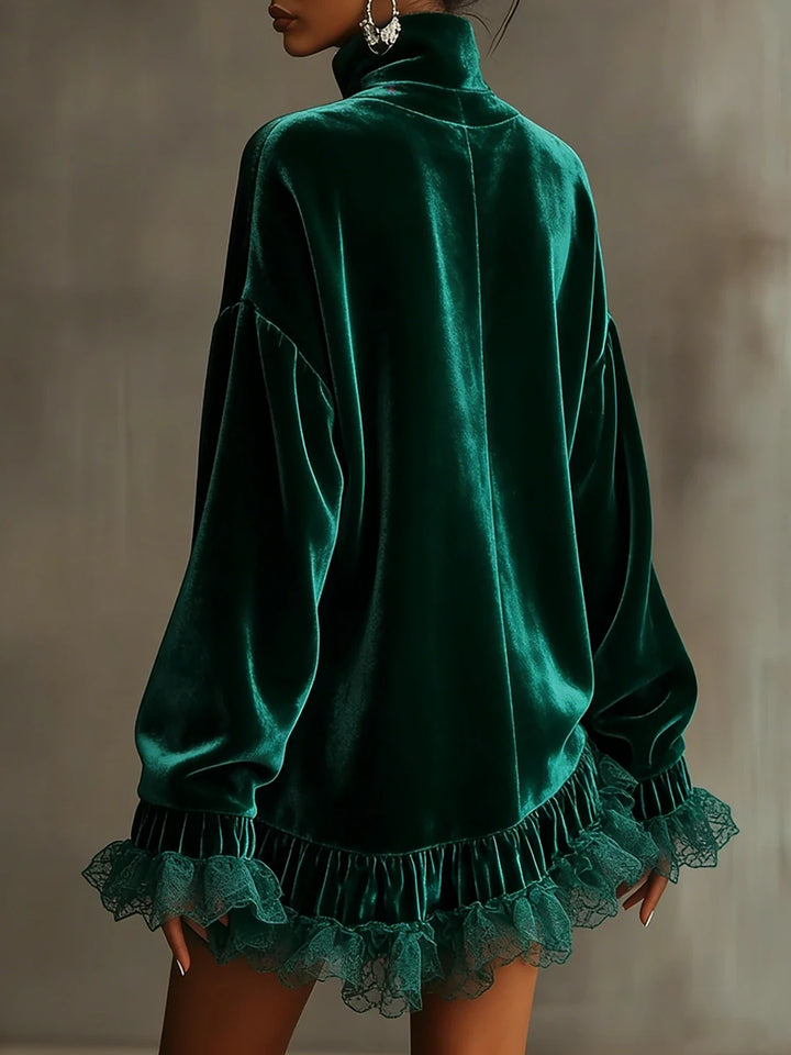 Back view of green velvet mini dress with lace ruffle hem