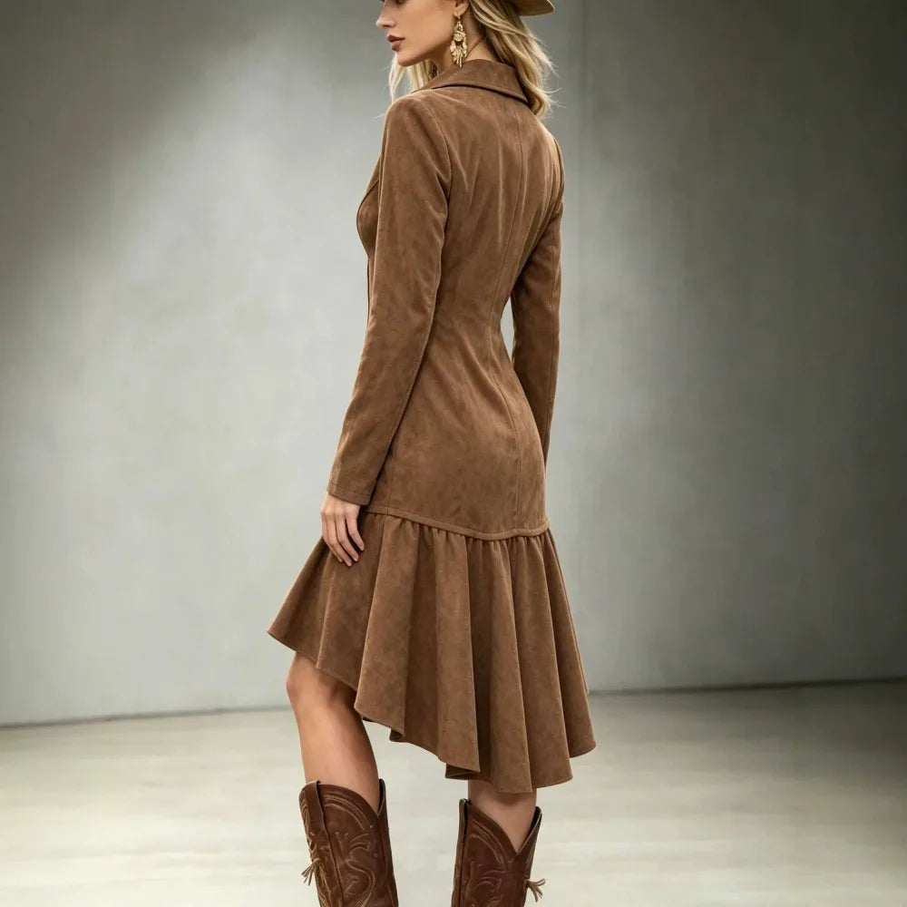 Back view of brown faux suede dress showing ruffled high-low hem