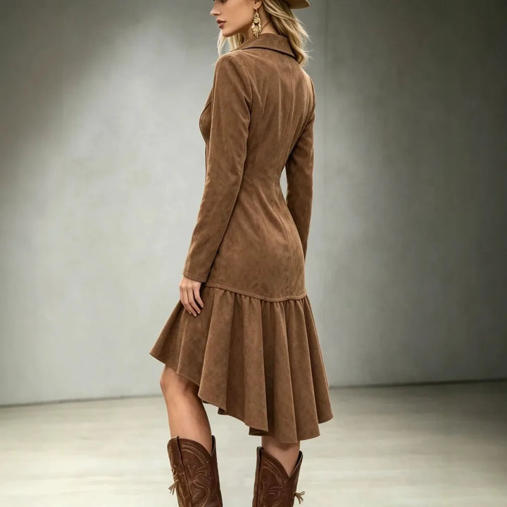 Back view of brown faux suede dress showing ruffled high-low hem