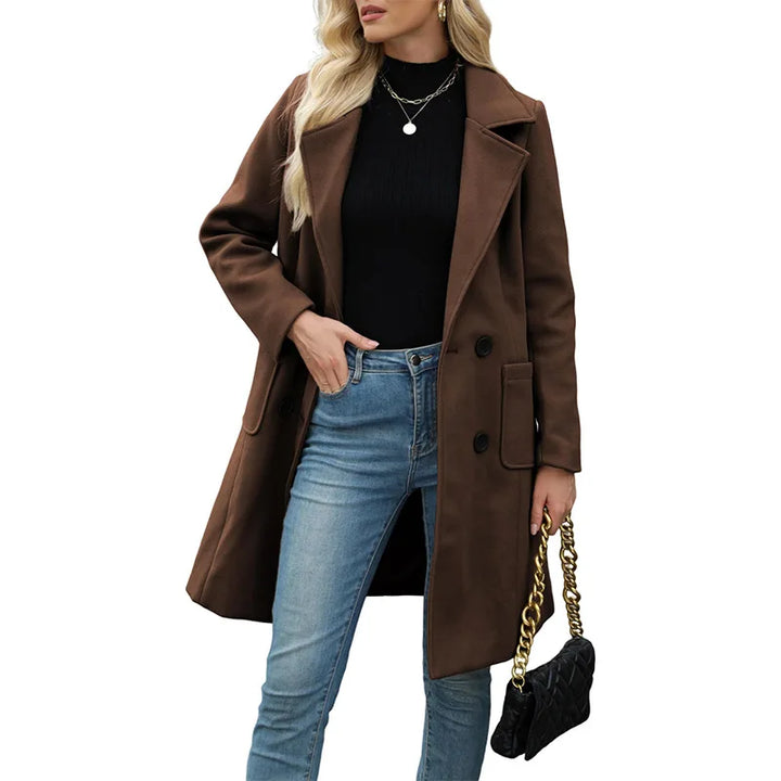 Woman wearing dark brown double breasted wool coat