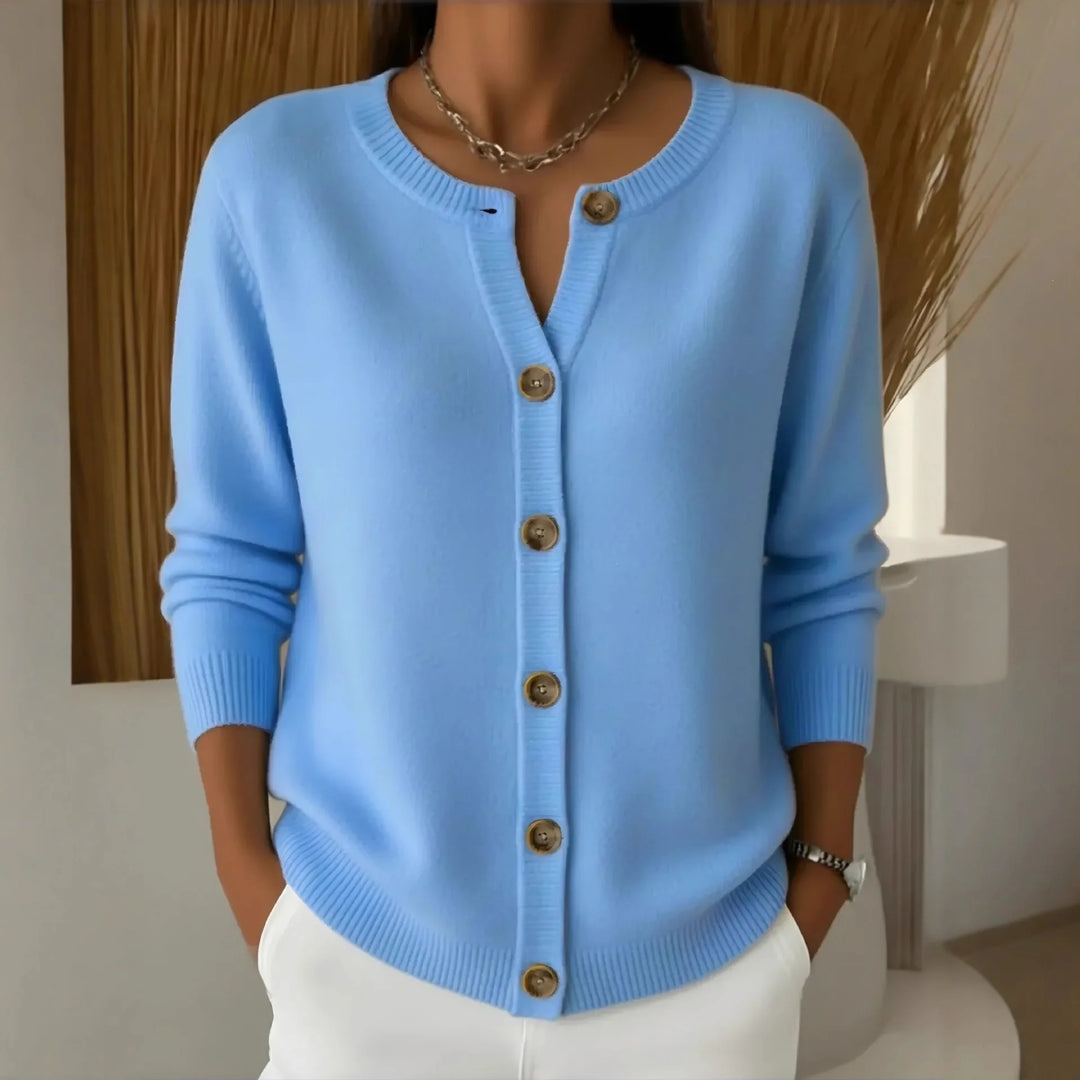 Sky blue button-front cardigan with notched neckline, front view