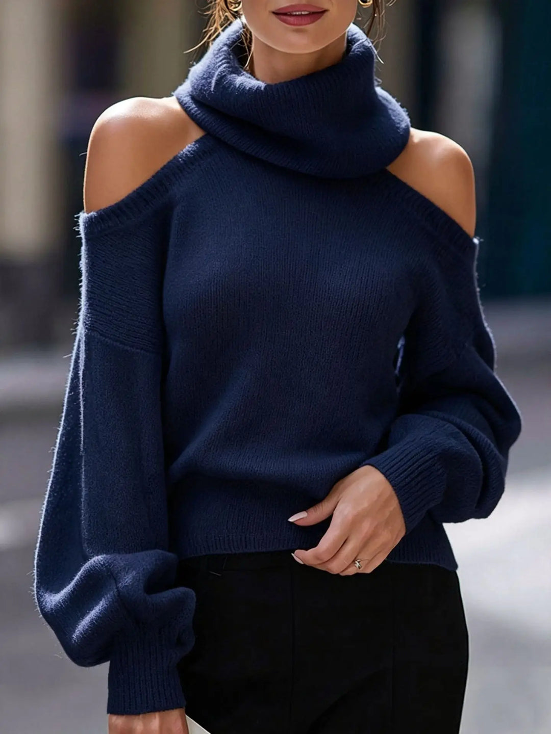 Navy blue cold shoulder turtleneck sweater front view
