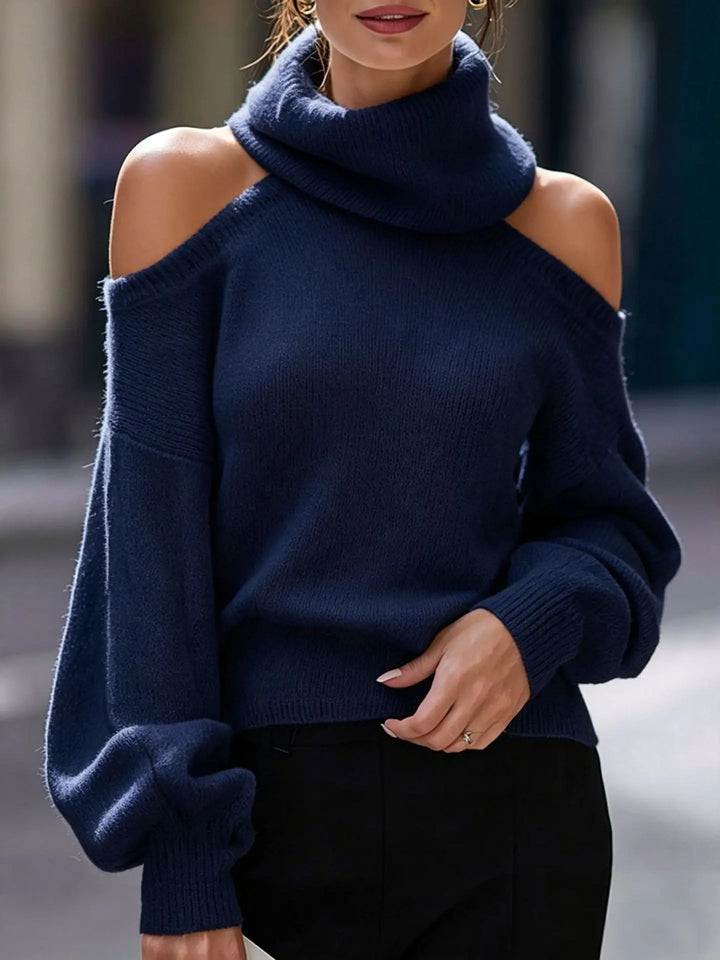 Navy blue cold shoulder turtleneck sweater front view