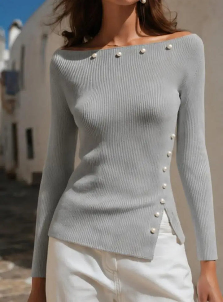Gray ribbed knit off-shoulder pullover with pearl button detail