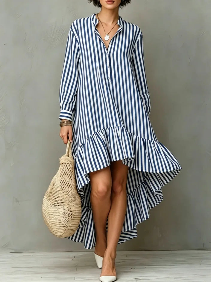 Blue and white striped high-low midi dress close up front detail