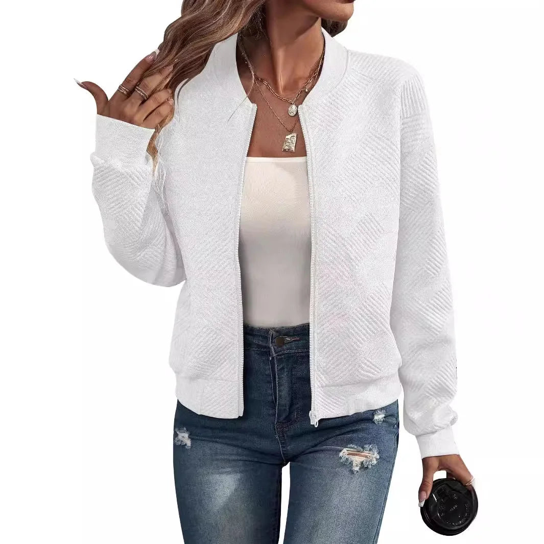 White textured knit zip up bomber jacket front view