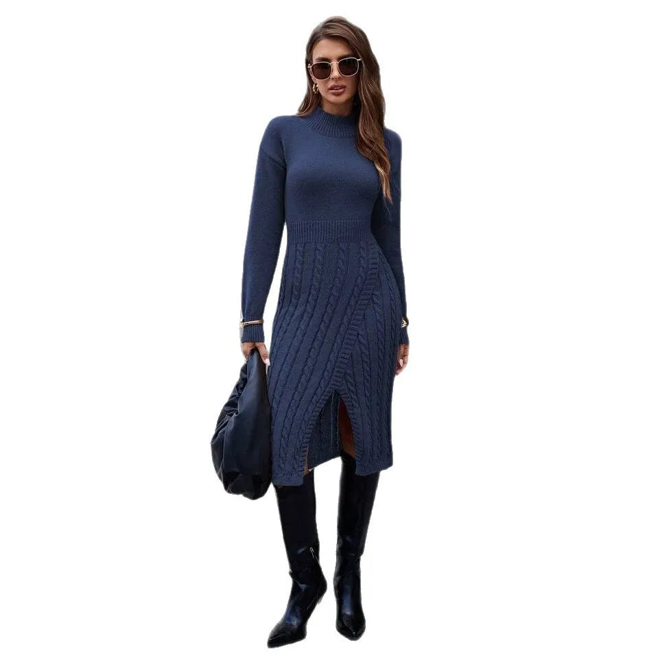 Dark blue cable knit sweater dress on model with boots