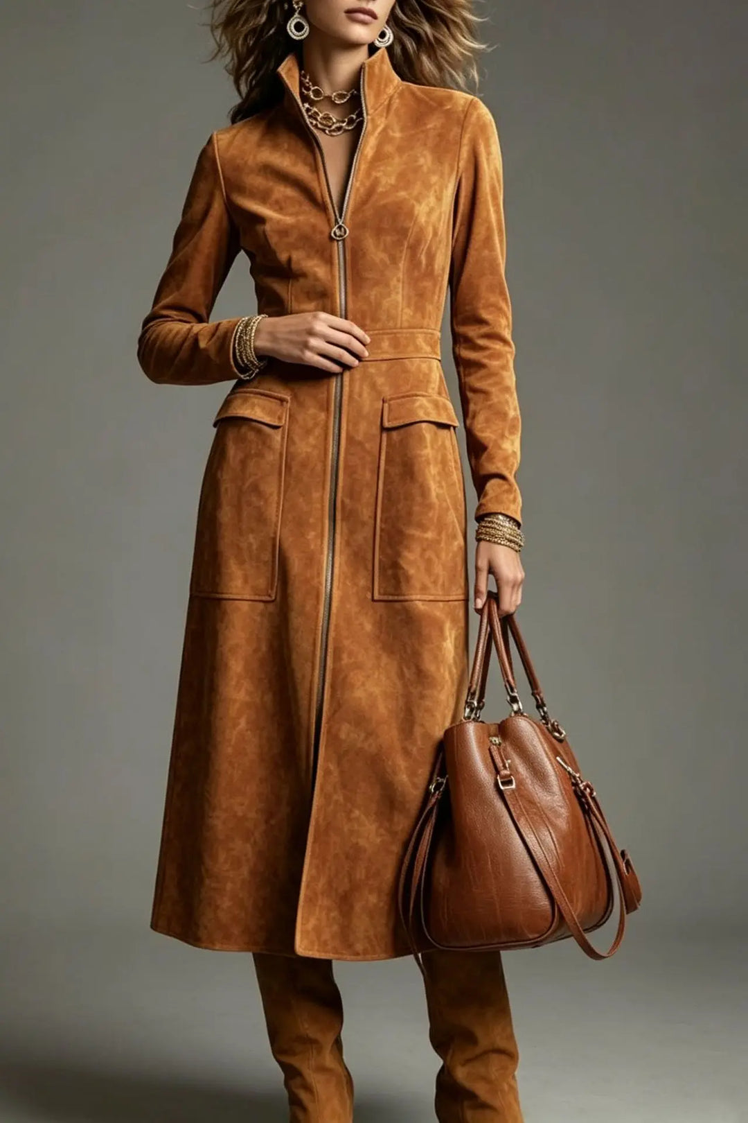 Full length view of brown suede-look zip front sheath dress
