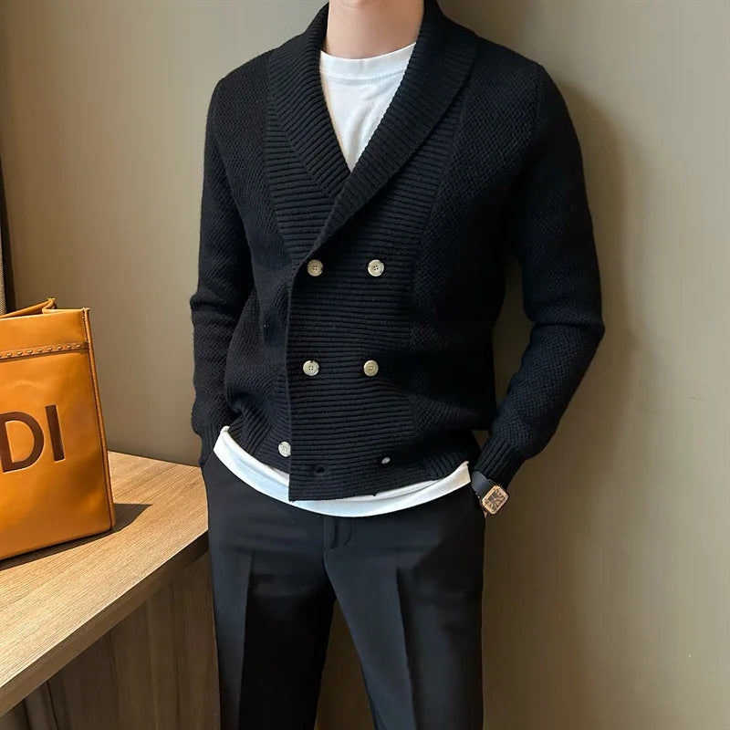 Man wearing black double breasted shawl collar cardigan front view