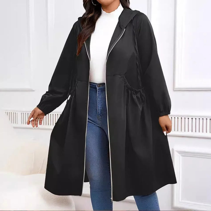 Black hooded long coat with drawstring waist, front view