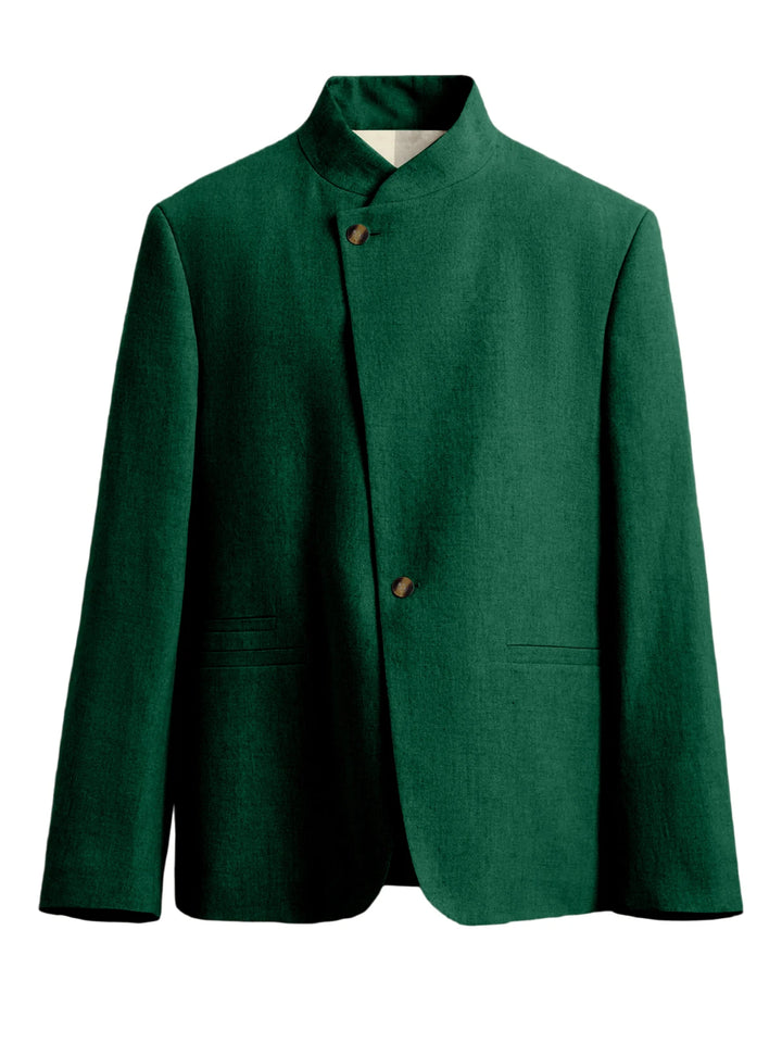 Green mandarin collar blazer with asymmetric button front