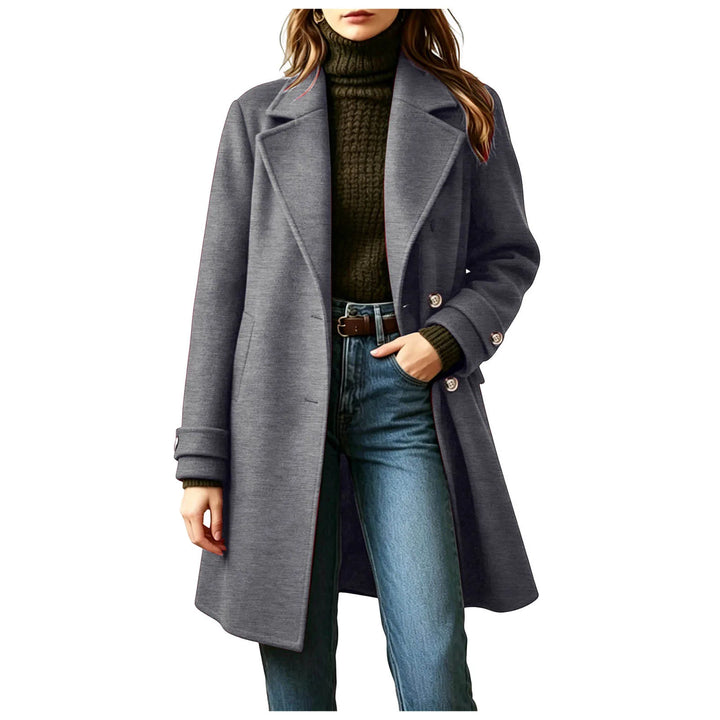 Woman wearing grey mid-length double-breasted wool coat