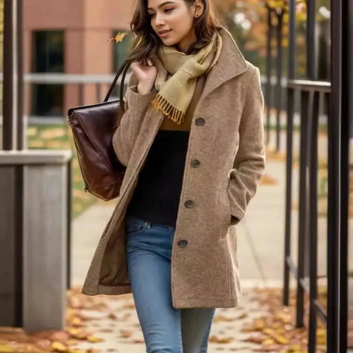 Woman wearing khaki wool mid-length coat with scarf