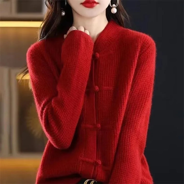 Red knit cardigan with knotted button closure