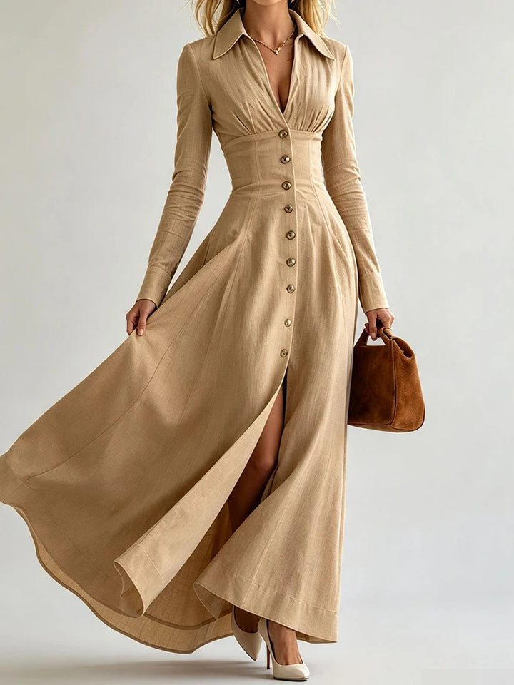 Khaki maxi dress with front slit, full length view